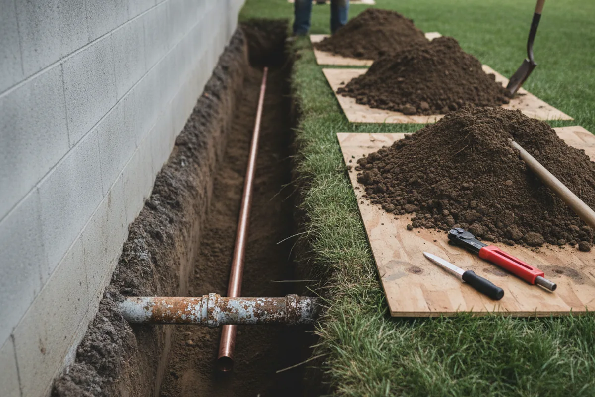 Excavated water line trench during Sewer Line Repair in Capron